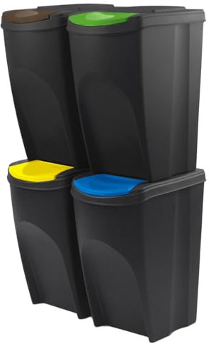 Set di 4 Bidoni Cestini Pattumiere Sortibox | Neri | Impilabili | Raccolta Differenziata Riciclaggio | in Plastica | 140 Litri (4x35L) | per Casa Interni