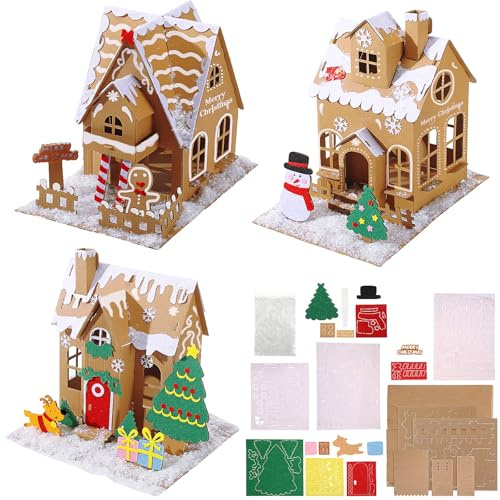 Lineshading 3 Set Christmas Gingerbread House Kit Build Gingerbread House Kit 3D Unfinished Xmas Cardboard Craft for Christmas Party DIY Craft Supplies