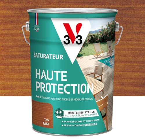 V33 Saturateur bois extérieur Teck mat - Pour terrasses et mobilier de jardin - Haute résistance eau chlorée, UV et graisse - Sans essuyage et non glissant - Résine d'origine végétale - 5L