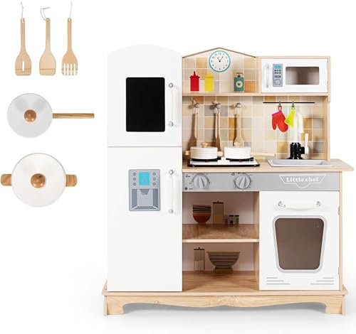 Kids Kitchen Playset, Wooden Pretend Little Chef Cooking Toy Set with Sink, Faucet, Stove, Oven, Dish Rack, Storage Shelf, Cookware Accessories, Play Kitchen for Toddlers, Gift for Boys Girls