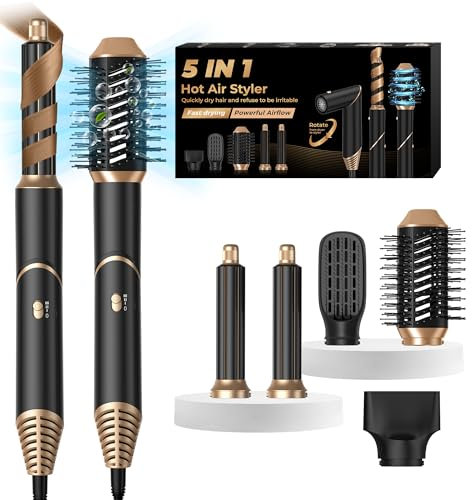 Airstyler 5 in 1 Ionen Föhn mit Luft-Lockenstab, UKLISS Ionen Haartrockner 5 in 1 Hairstyler Warmluftbürste Multistyler 5 in 1 Airbrush Set Föhnbürste Haarstyler Frauen Hair Dryer Set, Schwarz