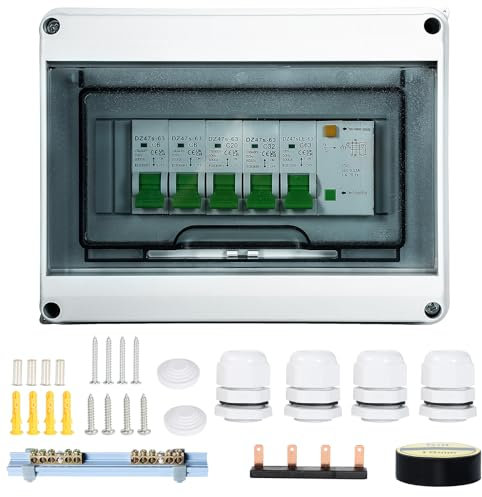 Jadeshay Garage Consumer Unit, 4 Way Waterproof Distribution Box AC400V 63A Leakage Circuit Breaker with 32A+20A+6A+6A