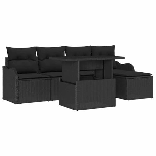 vidaXL 6-delat trädgårdsoff set svart rotting utomhus patio sittplatser med kuddar hållbara modulär möbler för balkong väderbeständiga handvävda stora bord
