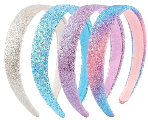 4 Stück Glitzer Stirnbänder, Haarreifen Mädchen, Breite Haarreifen Damen Glitzer, Pailletten Stirnbänder, Rutschfest Glitzer Haarband, Regenbogen-Haarbänder für Mädchen Damen Kinder (B, 1)
