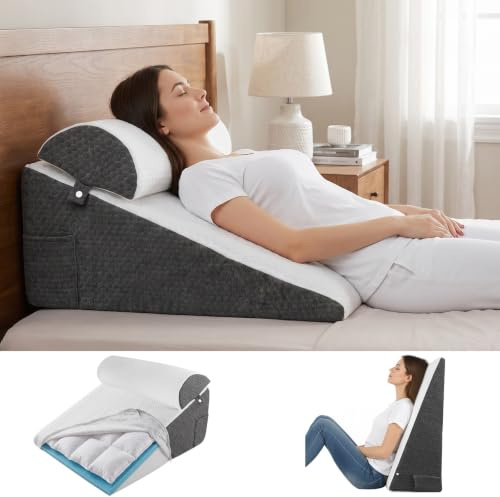 Cuscino a cuneo, 3 strati con cuscino morbido, cuscino da lettura per letto e divano, cuscino in schiuma reflusso, schienale per apnea del sonno, lettura, sollevamento del sonno, cuscino per gambe