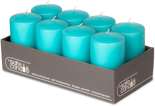 DecoLite 8er Pack Stumpenkerzen 130/70mm - Selbstverlöschend, Safe Candle, RAL Zertifiziert, 61 Stunden Brenndauer - 100% Made in Germany by Wenzel Kerzen (türkis)