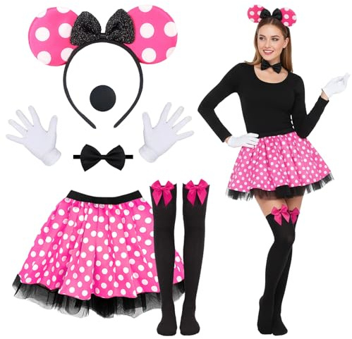 Xerteam 6 Pcs Mouse Costume for Girls Women, Cute MiniMouse Fancy Dress Up Costume for Adult, mouse Ears Headband+Red Tutu Skirt+Nose+Bow Tie+Gloves+Socks for Cosplay Halloween Dress up Party (Pink)