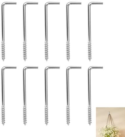 10 Pack L Shaped Hook Screws, 5x80 mm Right Angle Self-Tapping Screws, Zinc Plated Heavy Duty Square Shoulder Hook for Wood Wall Ceiling Garage Garden Shed Kitchen Hanging Tools Keys Mugs Coats