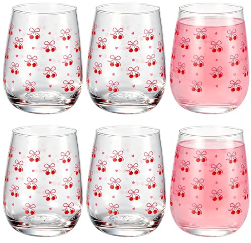saerryor 6 Pcs Cute Wine Glass Set 17oz Stemless Glasses with Bow Cherry Heart Design Exquisite Gifts for Women Girls Birthday Anniversary Holiday Party