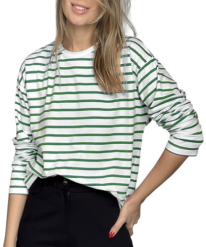 MGizo DtiSpectrum Maglietta a maniche lunghe da donna a righe – Classica e comoda maglietta elastica con scollo rotondo, casual basic top per tutto l'anno, verde, XXL