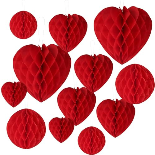 Favritt 12 bolas redondas de papel rojo con forma de corazón y panal de abeja, decoración para el día de San Valentín, boda, aniversario, fiesta