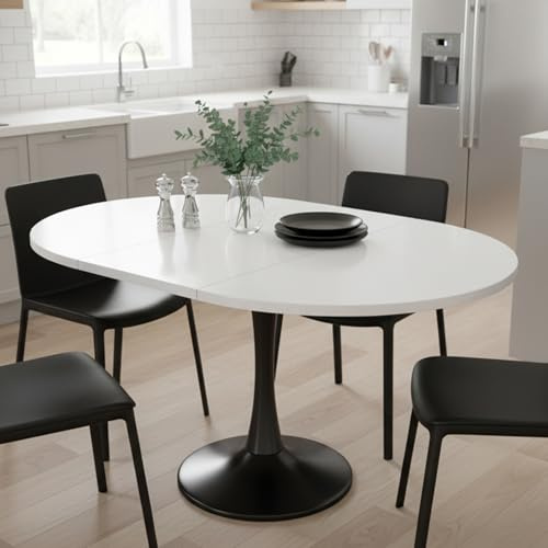 Tavolo da pranzo rotondo, allungabile, moderno, bianco, 100/140 x 100 x 75 cm, gambe nere, 2-6 posti, design salvaspazio, per sala da pranzo e cucina
