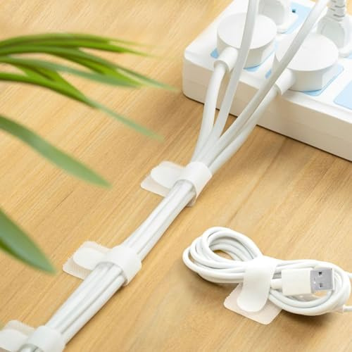 100Pcs Cable Management Under Desk, White Self Adhesive Cable Tidy, Flexible Hook and Loop Wire Organizer, Cord Organizer for TV Laptop Desktop