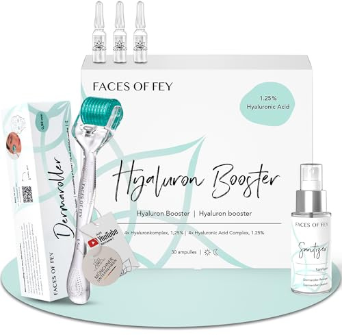 Dermaroller 0,5mm ECHTE Nadeln - Microneedling Anti Aging System 1 Monat - gegen Falten & schlaffe Haut - Zornesfalte, Strinfalten, Augenfalten, Nasolabialfalten, Mundfalten - FACES OF FEY