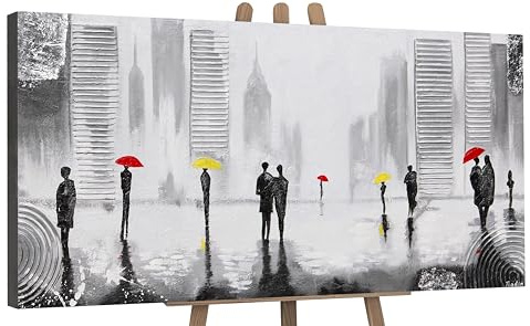 YS-Art Quadro acrilico su tela dipinto a mano Incontro piacevole Moderni Arte astratta con figure umane nei toni del grigio Immagine 140x70 cm