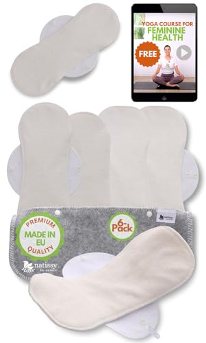 Återanvändbara menstruationskuddar, 7-pack bambu återanvändbara sanitetskuddar med vingar, tillverkad i EU, för menstruationsperioder, inkontinens, postpartumflöde; extra dubbel våt väska med rem; tvättbar menstruationstyg 6-Pack Nature - L & Xl