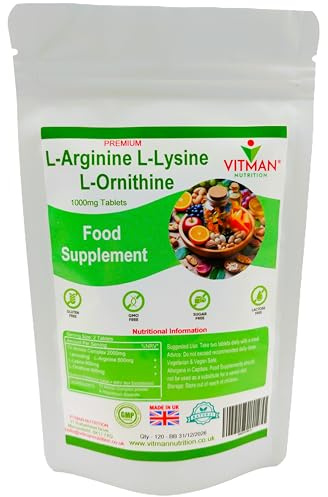 L-Arginine L-Lysine L-Ornithine Tablets - Synergistic Amino Acid Complex x 90 1000mg Bodybuilder Supplement Pills - Contributes Towards Increased Muscle Mass - Gym Supplement