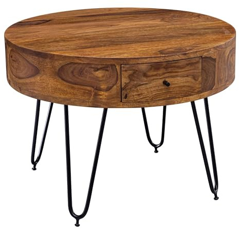 Wohnling Couchtisch Rund 60x60x44,5 cm Sheesham Massivholz, Schubladen | Wohnzimmertisch mit Stauraum, Beistelltisch massiv Braun, handgefertigtes Unikat, Tisch mit Metallgestell