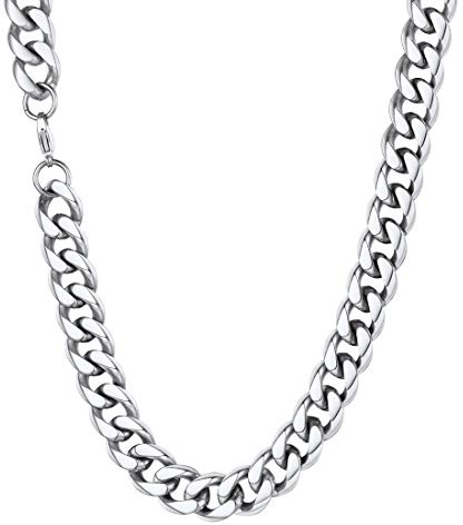U7 Men Cuban Chain Necklace, 3/6/9/12mm, 14 16 18 20 22 24 26 28 30, Gold/Silver/Black, Stainless Steel Curb Link Necklaces, Mens Jewellery for Layering or Pendant (With Gift Box) | Chain Necklace Width 0.118/0.236/9 mm, Size 36-76 cm, Hip Hop Steampunk Jewellery Necklaces