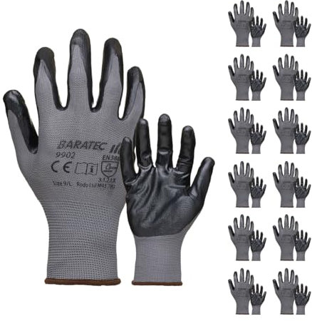 Baratec 12 x Super Grip Flat Nitrile Safety Work Gloves, Men's Women's Flexible Maximum Grip Working, Optimal For Handling, Assembly Work, Manufacturing, Warehousing, Automotive, Engineering, Size XL