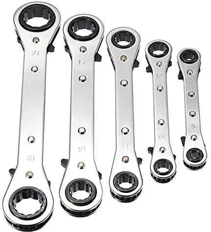 Dapetz ® 5 PCE Metric Ratchet Ring Spanner Set, Reversible Double Ring Ratchet Spanner Set Flat Ratchet Box-end Wrench Heat Treated Carbon Steel Reversible Ratchets Spanner 6-21mm
