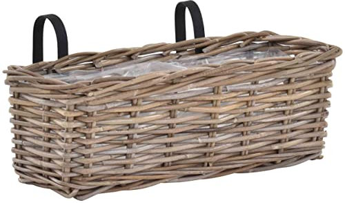 Krines Home Balkonkorb Grau Balkon Geländer Pflanz-Korb Blumen-Topf Natur Rattan Balkonkasten Pflanzgefäß mit Folie (1, Rechteckig groß)