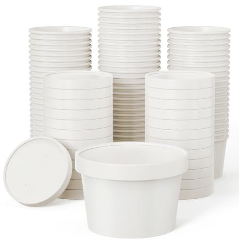 JOLLY PARTY 50pack 8oz Paper Soup Containers with Lids, Disposable Paper Food Cups, Ice Cream Cups, Food Storage with Vented Lids, Microwavable and Freezer Safe (White)