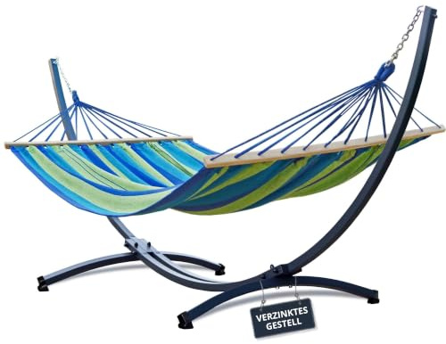 Potenza Outdoor Hängematte mit Gestell für 2 Personen I Stabhängematte XXL 220x160, 200kg I Verzinkter Hängemattengestell 220kg Wetterfest (Grün-Blau, Basic Gestell Graphit)