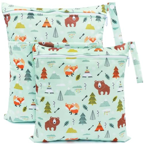 FenFang Wetbag Kindergarten, 2 Stück Nasstaschen Windeltasche Stoffwindeln Nassbeutel Organiser Beutel Wickeltasche Taschen Wasserdicht Wiederverwendbar (Grüner Bär)