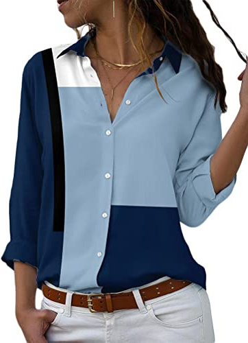 Onsoyours Donna Camicetta Blusa Elegante Camicia Manica Lunga Scollo V con Bottoni Farfalla Floreale Stampa Camicette Camicie Bavero Bluse Camicia C Blu 02 XXL