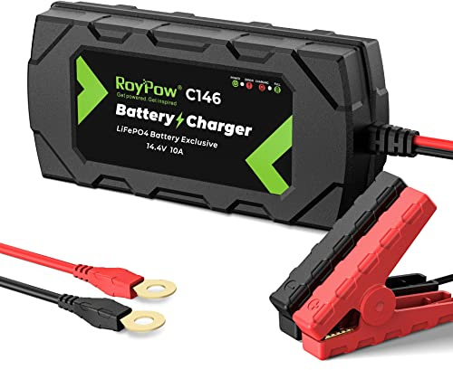 RoyPow Chargeur de batterie LiFePO4 14,4 V 10 A automatique pour batterie au lithium LiFePO4 12 V avec pince crocodile et terminal à anneau