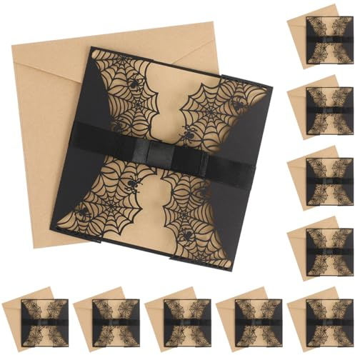 10st Halloween Einladungen Karte Spiderweb Design-Karten Mit Bowknots Umschlägen Geschnittene Hohle Party-Einladungen Karten (Schwarz)