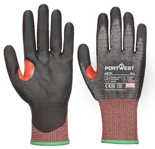 Portwest A670 CS Cut F13 PU Glove Reinforced Thumb Crotch Touchscreen | Black, X Large, EN ISO 21420 Dexterity 5, EN 407, Seamless 13 Gauge Liner, Breathable, Reflective, Construction