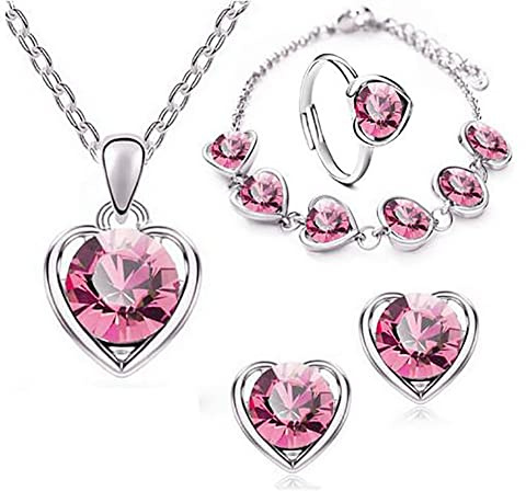 Collar de cristal en forma de corazón Wedity pendientes collar de cristal pulsera conjunto de anillos de oro moda de amor colgante de corazón Choker collares joyería para mujeres y niñas (Rojo)