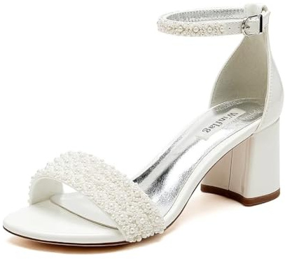 Winflag Low Block Heel Wedding Sandals Beaded Wedding Shoes for Bride Ankle Strap Bridal Heels-Ivory-6cm-8.5