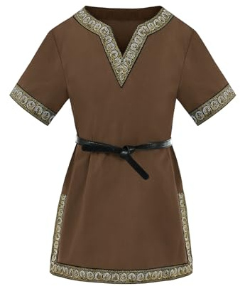 Haloumoning Top medievale per ragazzi – T-shirt cosplay per bambini – Costume Halloween Renaissance Viking Warrior Cavaliere Tops, marrone, 12-14 anni