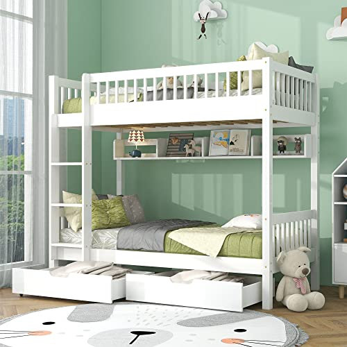 MYBOO Kinderbett Etagenbett 90×200 mit Regale und Schubladen, Hochbett Stockbett mit Leiter, Funktionsbett Jugendbett Holzbett mit Rausfallschutz und Lattenrost, Kiefernholz, Weiß, Ohne Matratze