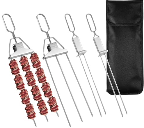 Lasuroa 2pcs 3-Prong & 2pcs 2-Prong Stainless Steel Skewers, Oxford Bag, Silver, 38cm & 32.5cm, BBQ, Picnic, Camping, Daily Use