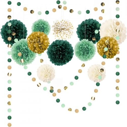 15 Pezzi Pompon Decorativi in Carta Velina, Carta Velina Pompon Fiori, Verde Pompon di Carta Sottile Decorativ con Pompon e Pois, per Matrimoni, Balli, Baby Shower, Compleanno