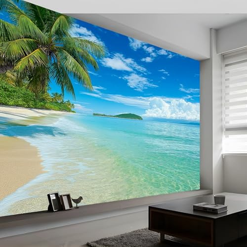 Générique Papier Peint Panoramique Photographie Paysage Plage Palmiers, Poster Fresque Murale Bleu, Poster Mural pour Salon, Chambre d’Enfants ou Restaurant, 200 x 140 cm (L x H) Décoration Fresque