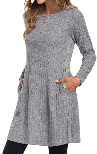 GRECERELLE Womens Winter Jumper Dresses for Women UK Ladies Dresses Tunic Knitted Long Sleeve with Pockets Side Buttons Dress