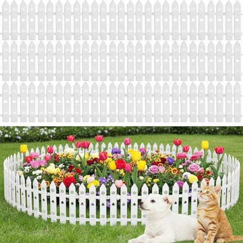 Anglechic 48 Pcs White Garden Fence Edging, 14ft Total Plastic Picket Fence Border for Flower Beds, 12 Inch Decorative Lawn Edging Landscape Guard for Yard Path Small Animal & Holiday Decor