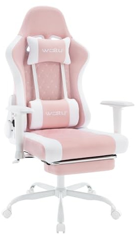 WOLTU Massage Gaming Stuhl, Ergonomischer Bürostuhl Racing Sessel Design, Kopfstütze, Lendenmassage, Fußstütze, Drehstuhl mit Rollen, 150 kg Tragfähigkeit, Netzstoff, Rosa+Weiß