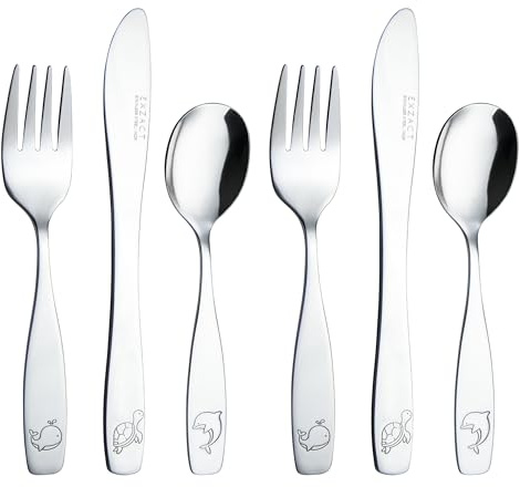 EXZACT Posate per bambini in acciaio inox 6 pezzi, posate per bambini piccoli, lavabili in lavastoviglie, con incisioni di creature dell'oceano, delfino, tartaruga, balena