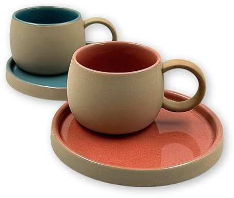 Breezy Nest Ceramic Coffee Cup and Saucer Set of 2 Pink and Blue - 250ml Japanese Style Coffee Mugs with Colourful Glossy Interior, Matt Earthy Beige Exterior, Microwave Safe