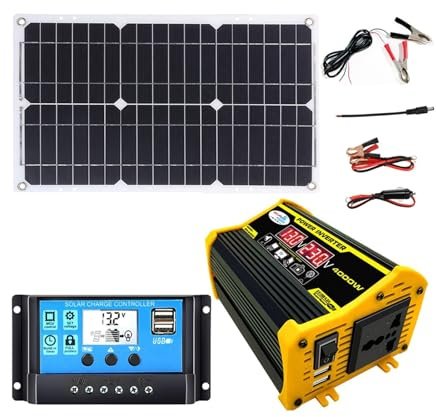 4000W Solar Wechselrichter Kit - 12V Zu 220V Umwandlung Mit 30A Laderegler & 18W 12V Solarpanel | Tragbarer Solar Generator Für Zuhause, Camping Und Notfallstrom(Black,12V-220V)