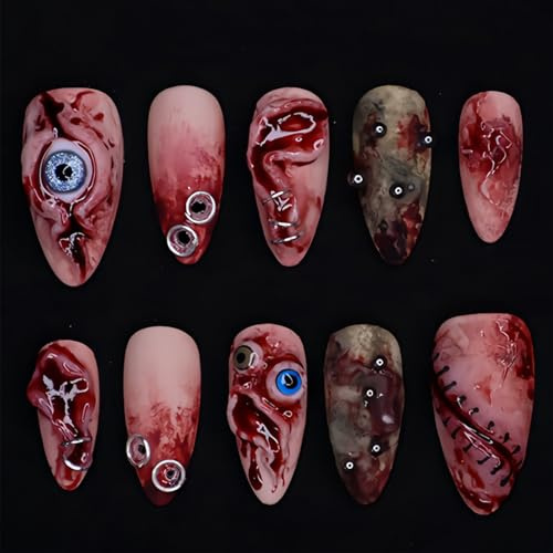GlamRays Halloween Press on Nägel Mittellange Mandel Kunstnägel avec Design Œil et Sang Brillant Acrylique Couverture Complète Faux Ongles 30 Pièces pour Femmes et Filles