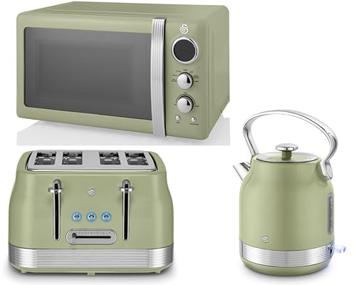 Swan Retro Revive Green 1.7L 3KW Traditional Stovetop Inspired Design Kettle, 4 Slice Toaster & Retro 800W 20L Microwave. Matching Vintage Design Kitchen Set in Green with Chrome Accents
