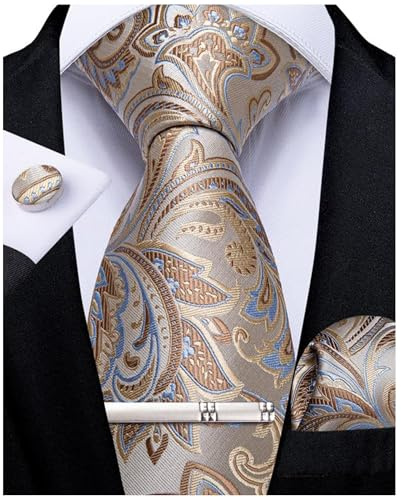 DiBanGu Corbata de cachemira para hombre, corbata formal de seda y pañuelo de bolsillo, gemelos para boda, fiesta de graduación, marrón claro, Talla única