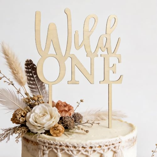 Wild One Cake Topper for 1st Birthday - Thick 2.5mm Wooden Cake Decorations - Reusable Safari Theme Party Supplies for Baby Boy/Girl - Boho Style